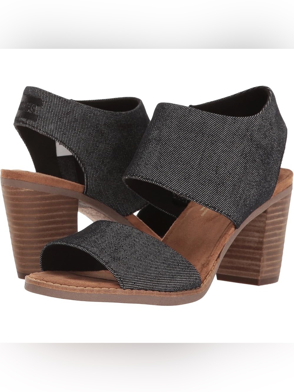 TOMS Women's Majorca Cutout sandals in black denim with a stacked block heel